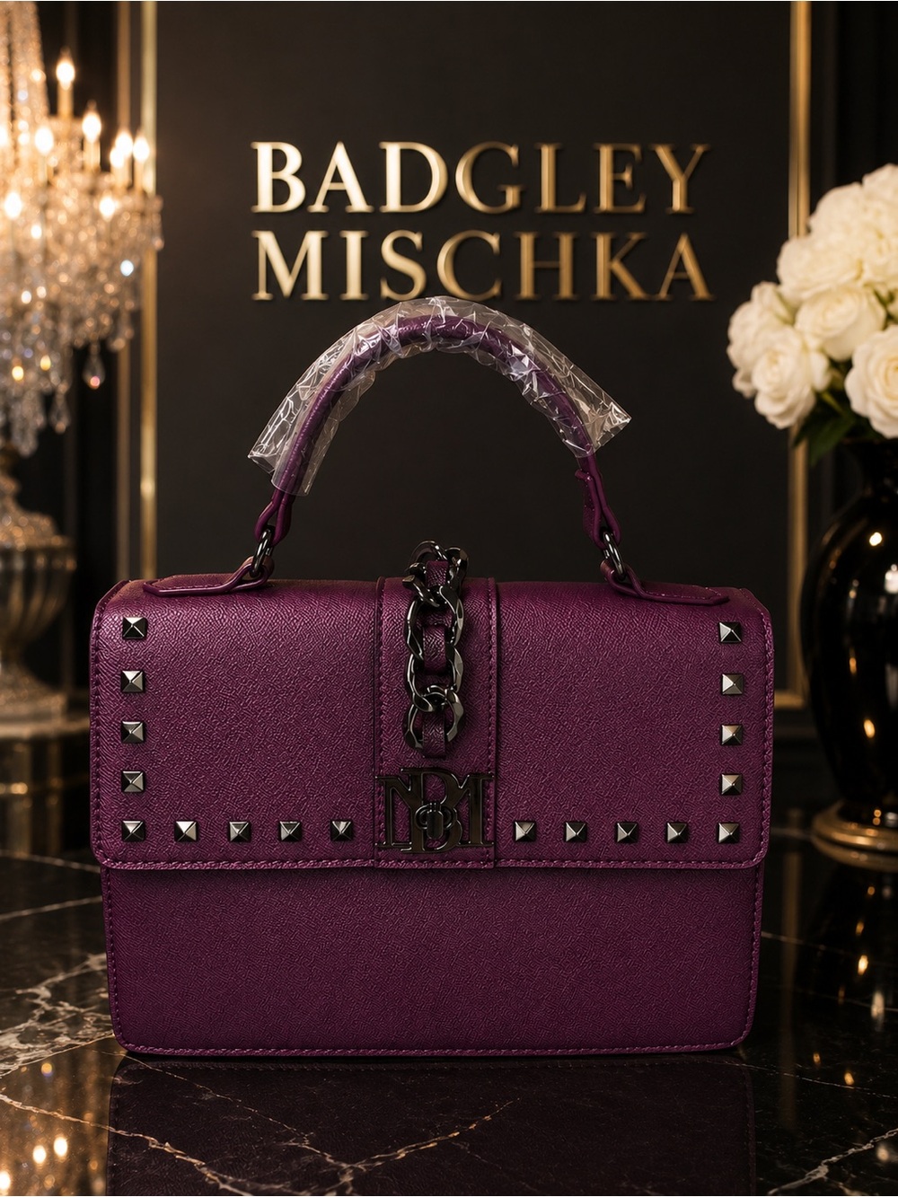 Badgley Mischka BM-4179 Plum Studded Top Handle Crossbody Bag – NWT – MSRP $179